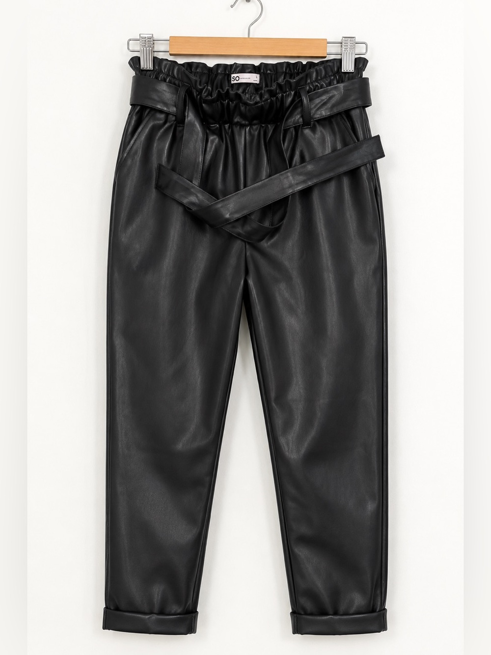 SO Black Faux Leather Paperbag Waist Belted Pants Women’s Large